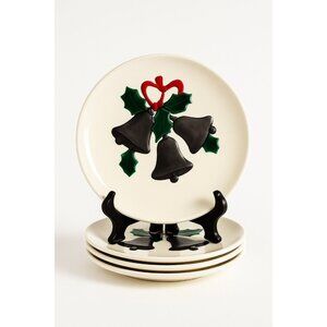 Ceramic Dinner Plates Vintage Handmade Hand-painted 3D Christmas Bells Holly Mal